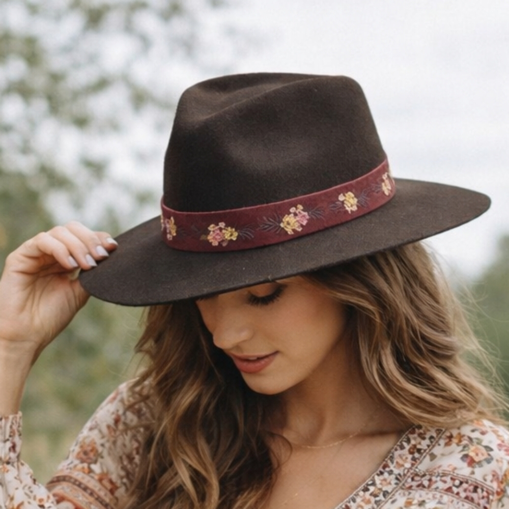 Women's WYETH Frida Kahlo Brown WOOL Wide Brim FEDORA HAT Floral Band BOHO Ranch